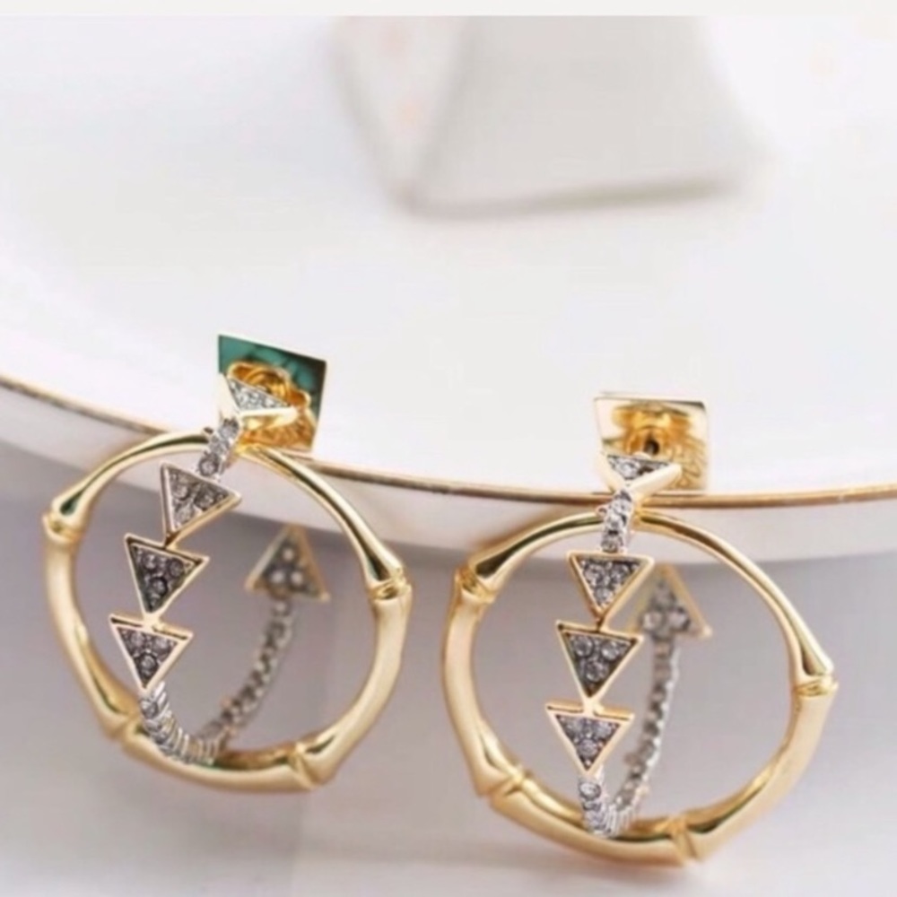 ALEXIS BITTAR • Gold & Silver Bamboo Crystal Double Hoop Orbiting Post Earrings - Picture 6 of 10